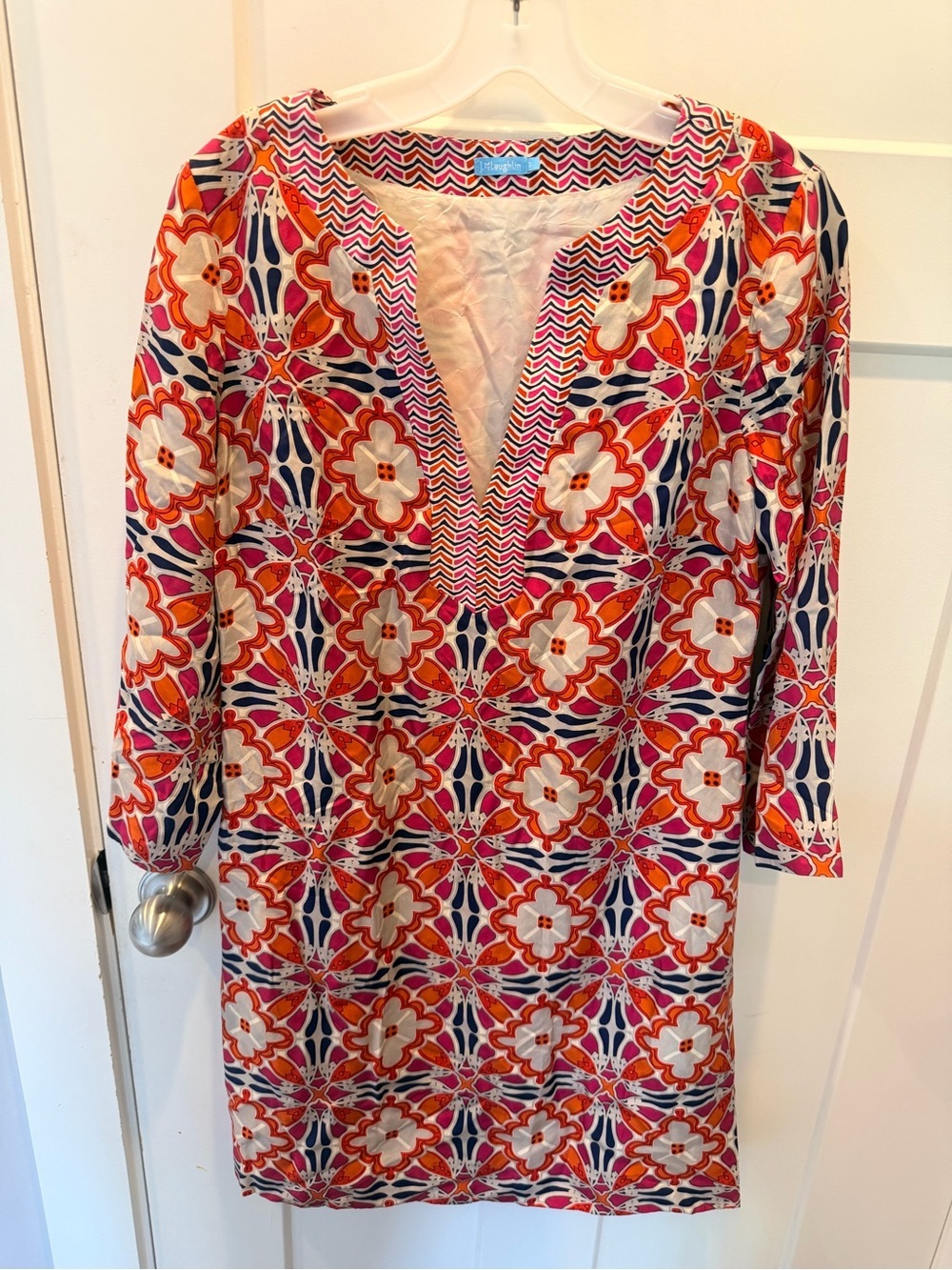 J. McLaughlin 100% Silk Shift Dress Small Pink Orange Geometric Resort Tunic